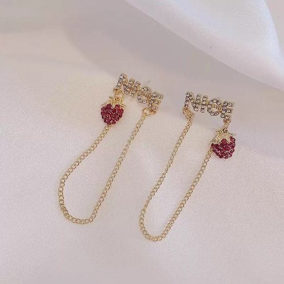 4/$15 Cute Rhinestones Gold and Pink Strawberry Chain Earrings - Picture 5 of 9